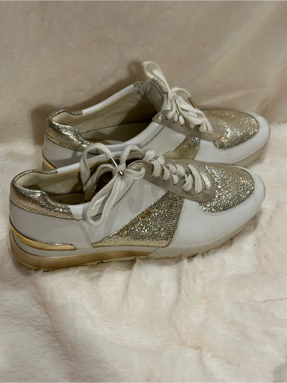 Michael Kors White and Gold Women's Sparkle Lace-Up Sneakers - Picture 3 of 10
